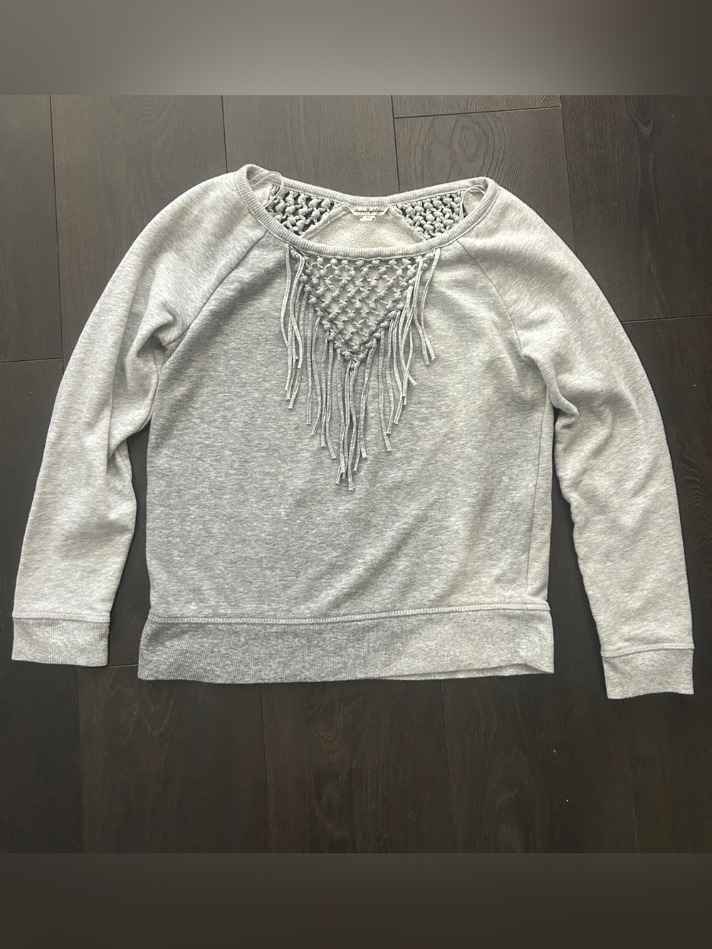 American Eagle Gray Macrame Fringe Crochet Boho Sweatshirt Size Small